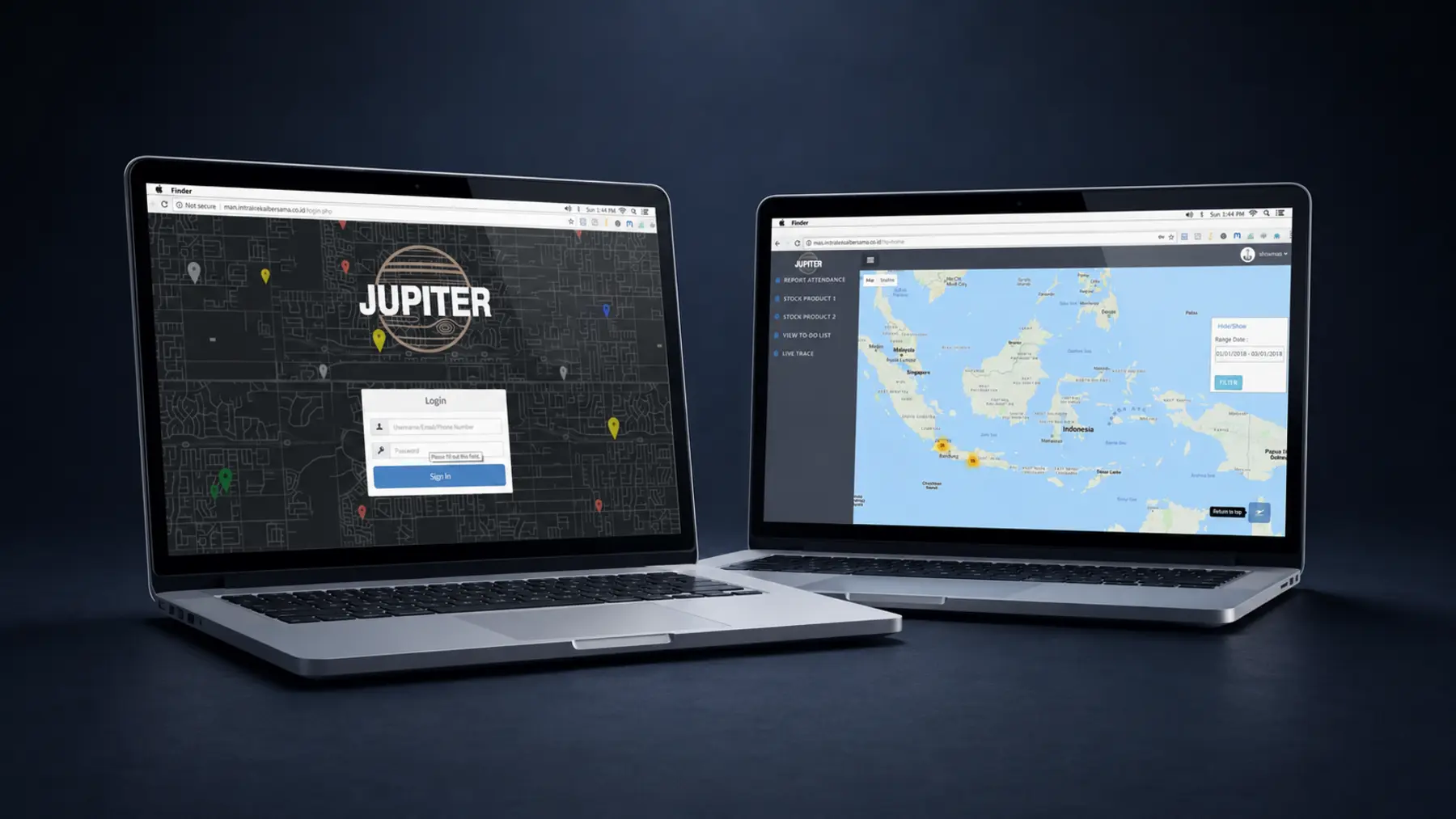 Tampilan JUPITER login dan live map monitoring